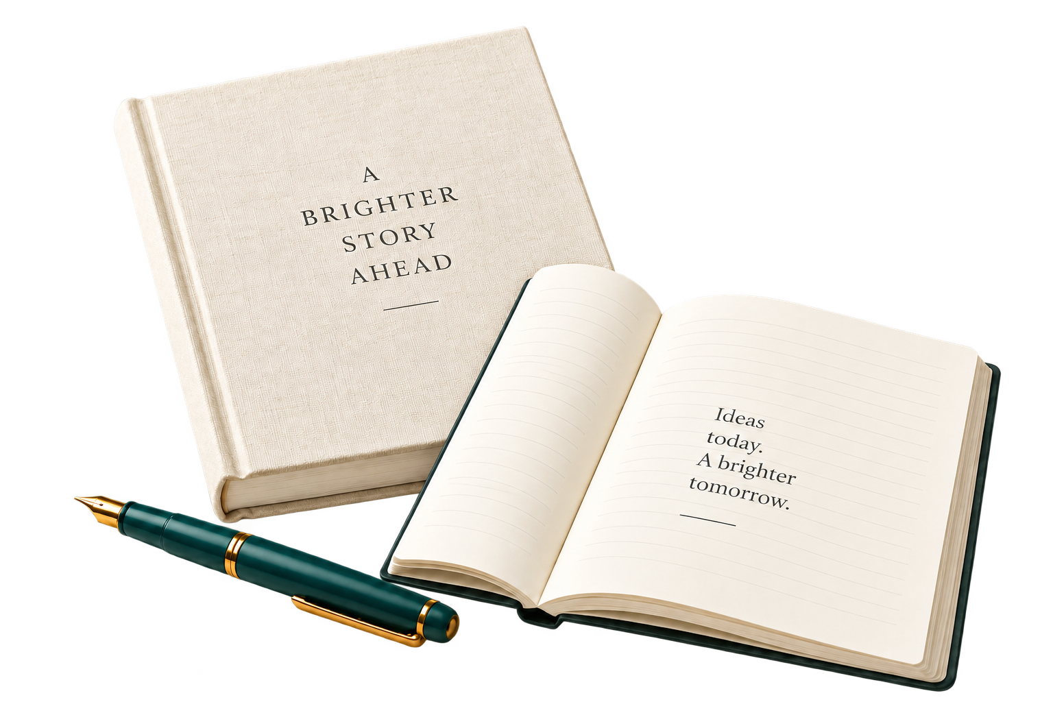An ivory hardcover beside an open notebook and a teal fountain pen.