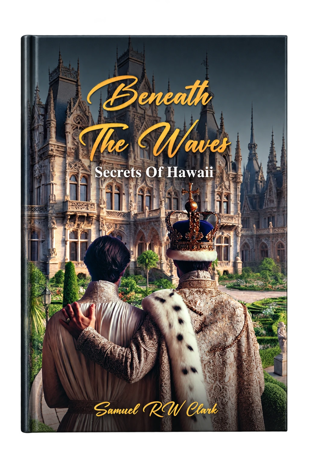 Cover for "Beneath the Waves: Secrets of Hawaii" by Samuel R.W. Clark, featuring two robed figures facing a grand palace.