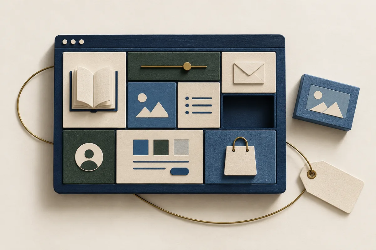 A browser-window grid of website building blocks, including a book, image, and shop icon, with a price tag attached by wire.