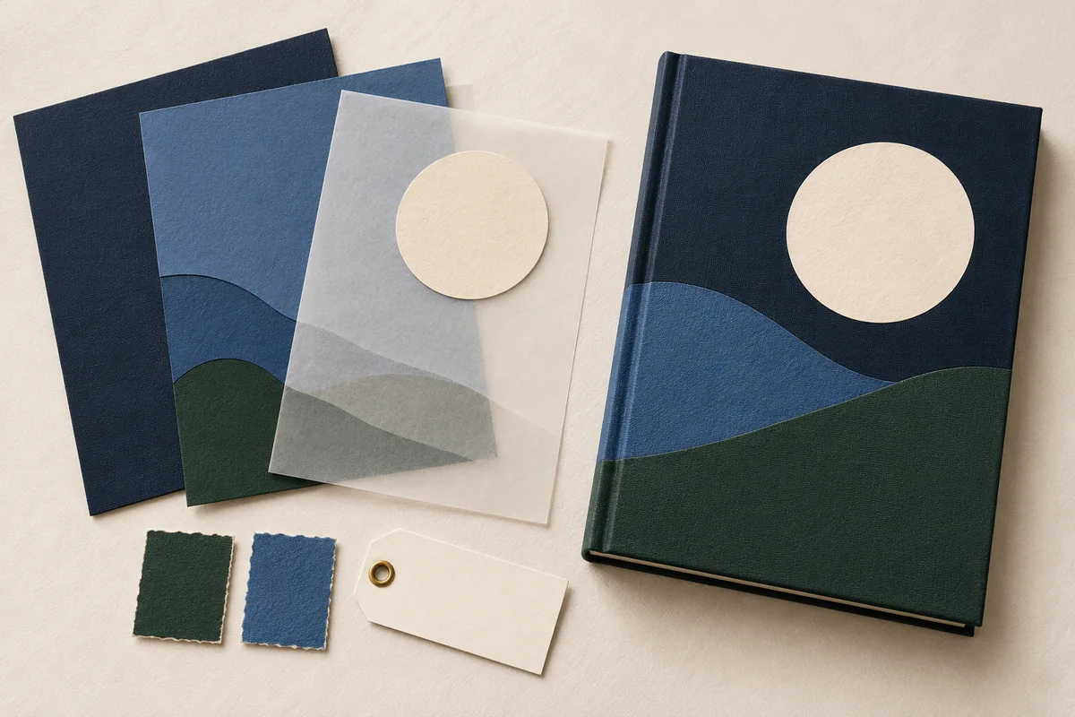 A layered moon-and-hills book cover beside matching paper swatches and a blank price tag.