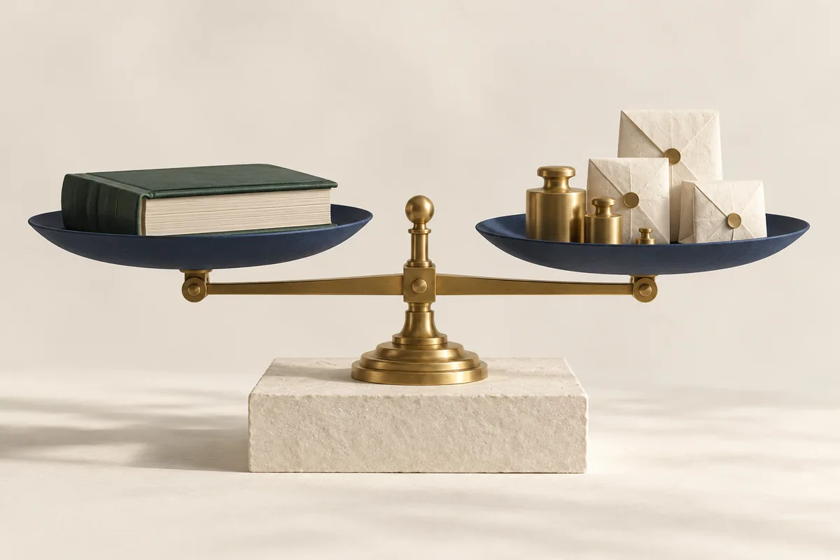 A brass balance scale weighing a green book against a stack of envelopes and weights.