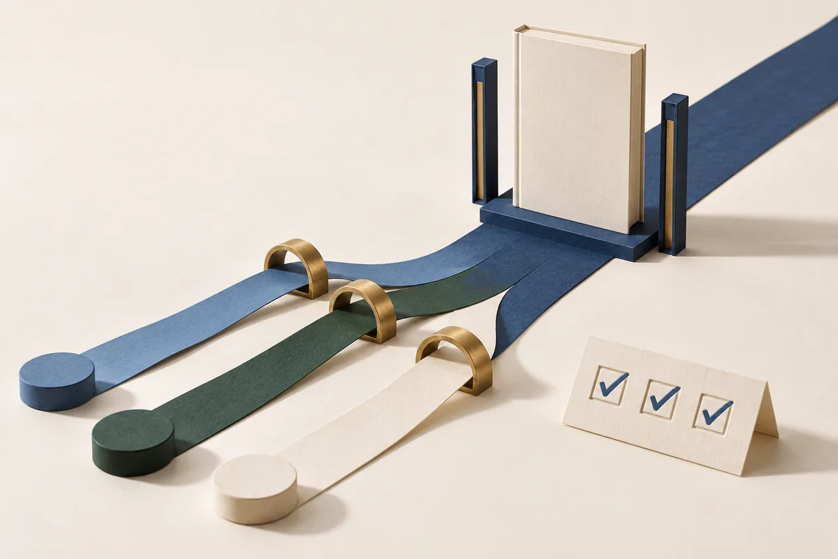 Three ribbon paths converging through a brass gate toward a waiting book, beside a checklist card with three checkmarks.