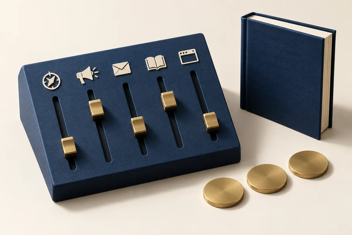 A mixing board with sliders for discovery, ads, email, and web icons, beside a navy book and gold coins.