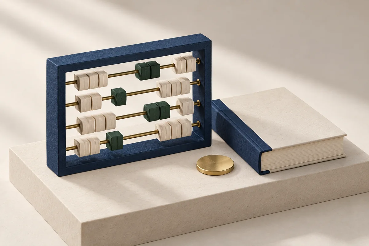 A wooden abacus with cream and green beads beside a closed book and a gold coin.