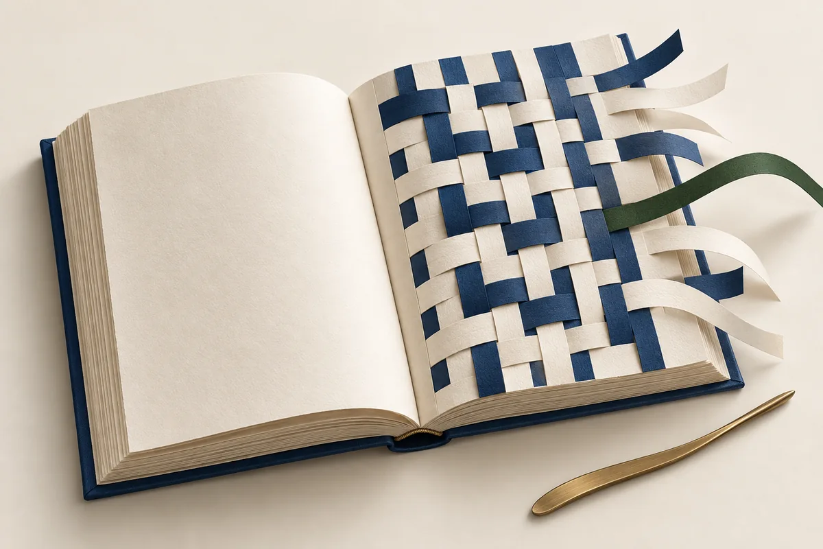 An open book with one blank page and a facing page woven from interlacing navy and cream paper strips.