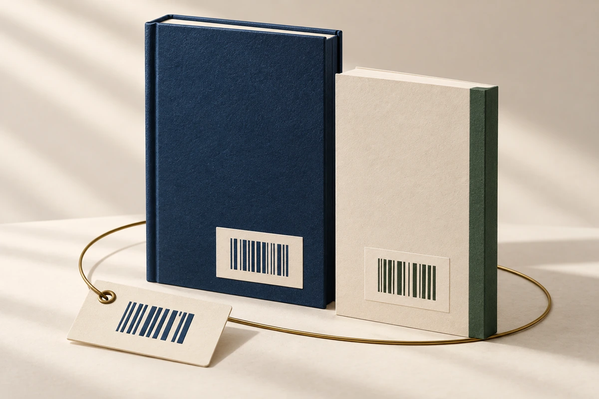 Two books with printed barcodes on their covers, connected by a brass wire to a barcode tag.
