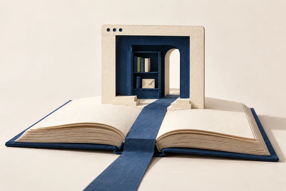 A small browser-window doorway with a bookshelf and envelope inside, rising from the center of an open book.