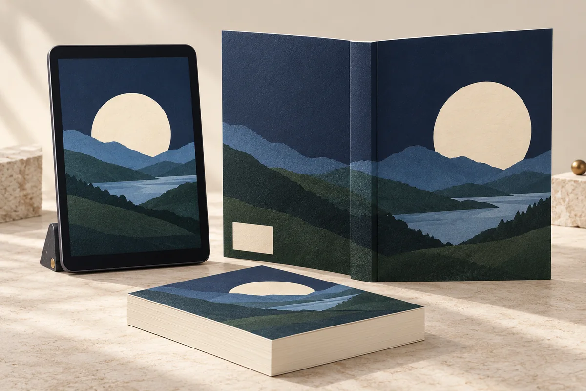 A tablet displaying a digital book cover beside the same artwork on an open paperback wrap and a finished print copy.
