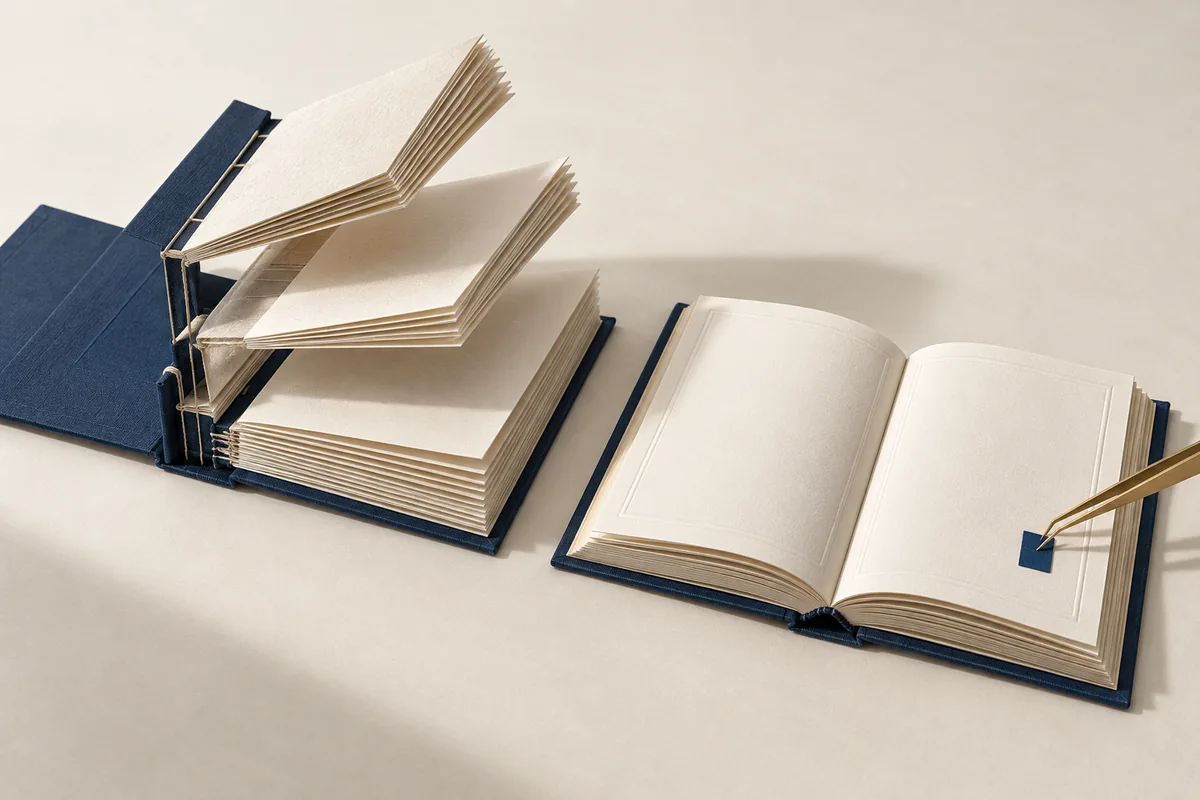 An open, layered book mid-revision beside a finished bordered book receiving one final pen correction.