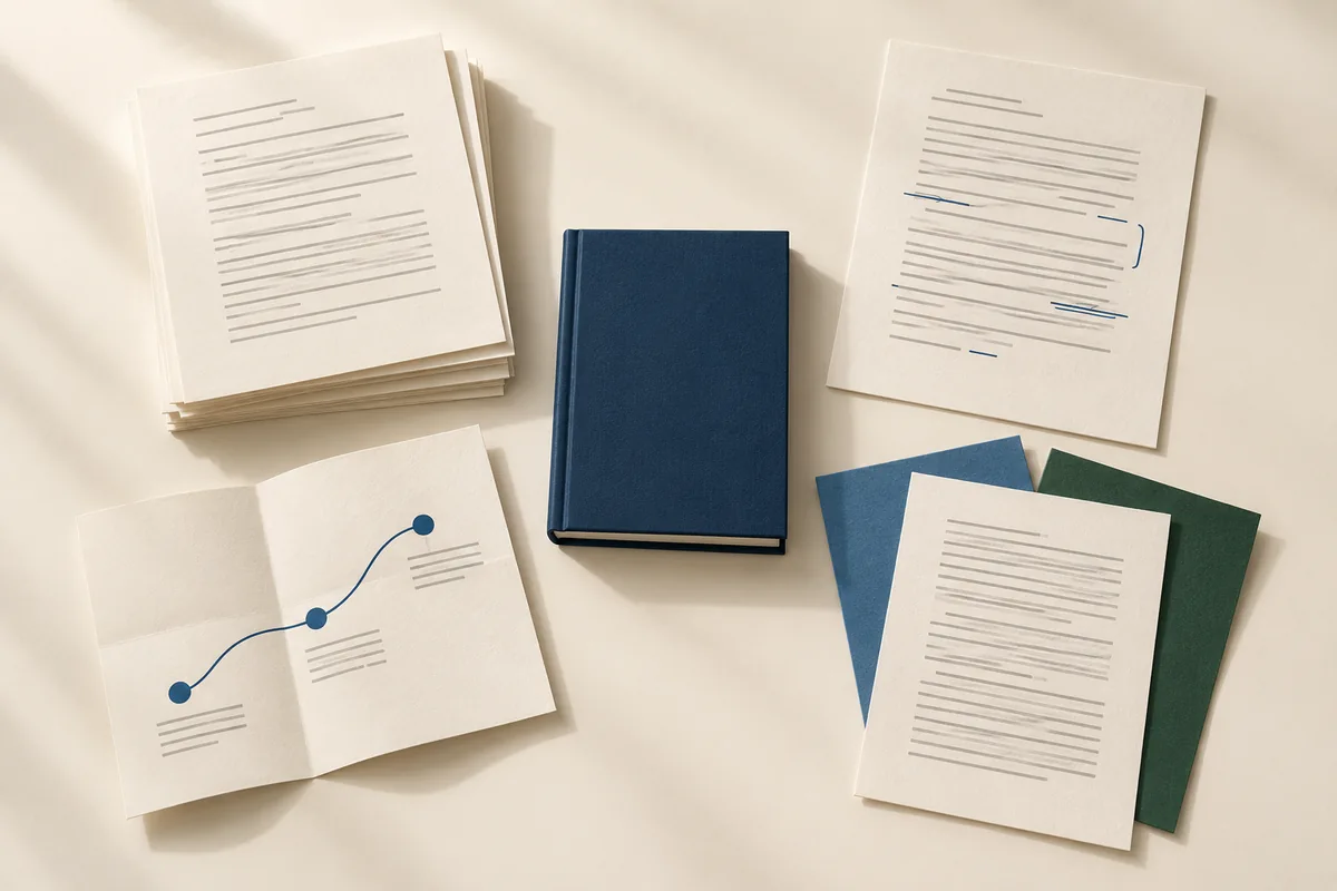 A navy book surrounded by manuscript pages, a growth-chart diagram, and colored folders representing different professional roles.
