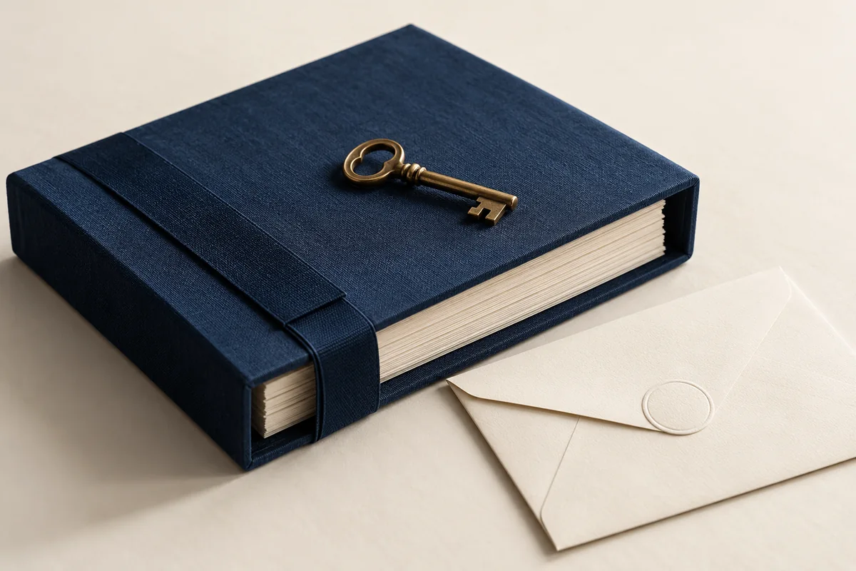 A brass key resting on a navy blue book beside a sealed cream envelope.