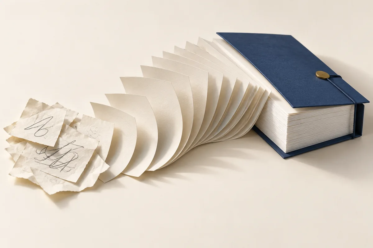 Scattered handwritten notes fanning into blank pages that lead into a finished bound navy book.