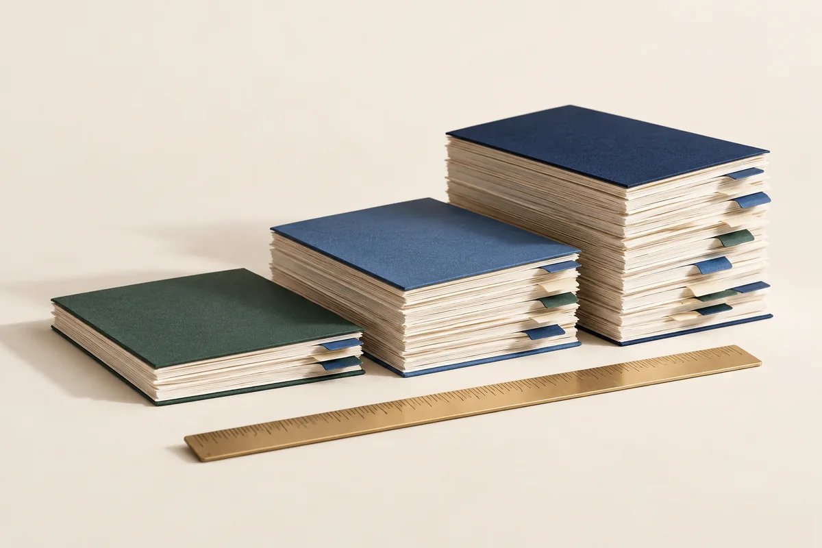 Three manuscript stacks of increasing thickness lined up beside a brass ruler.