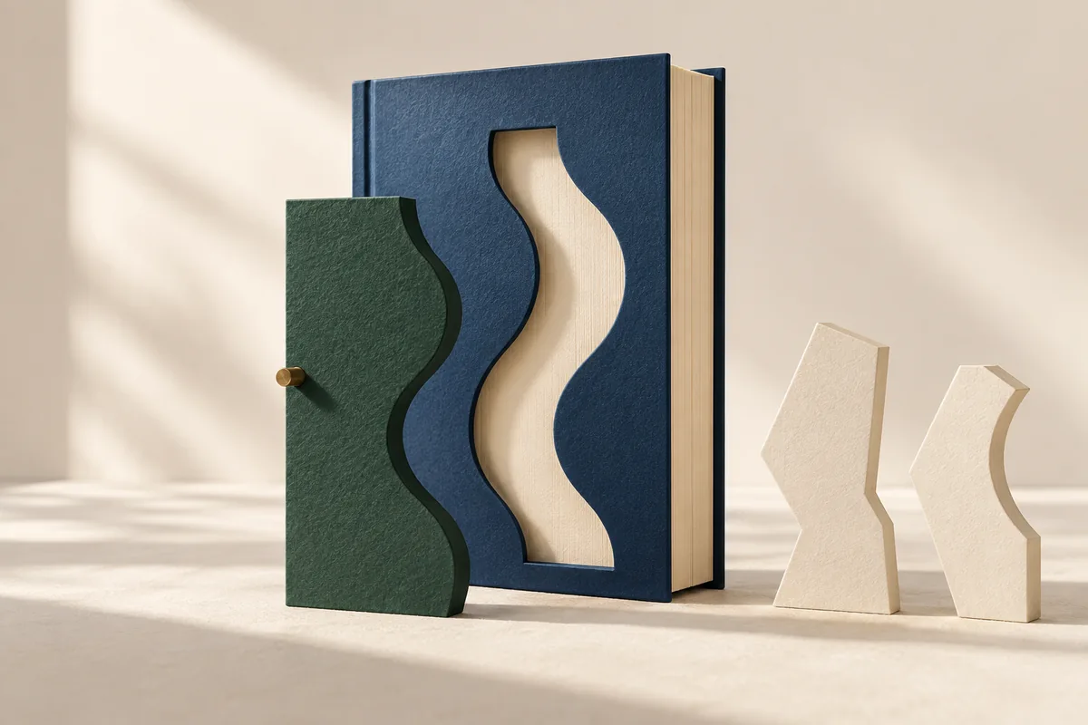 A navy book with a puzzle-piece cutout matched against a green puzzle piece and two smaller cream pieces.