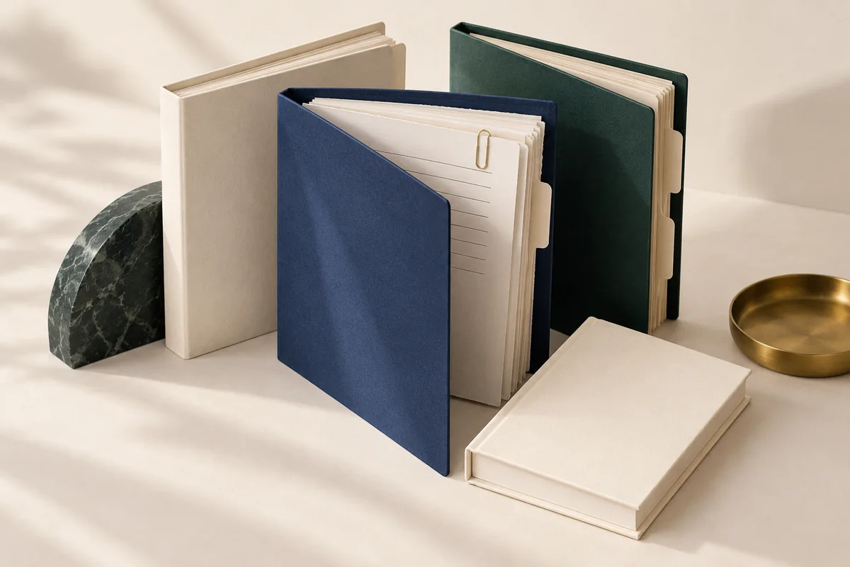 Navy, cream, and green folders standing upright like candidates for comparison, beside a marble bookend and brass dish.