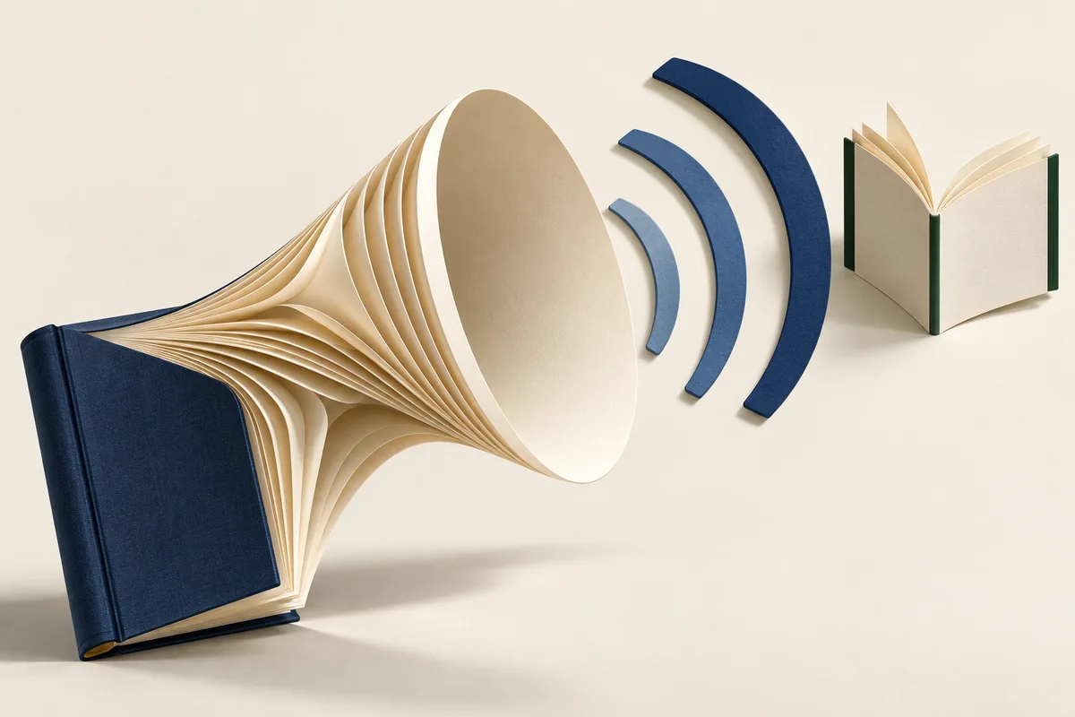 A book shaped like a gramophone horn broadcasting sound waves toward another open book.
