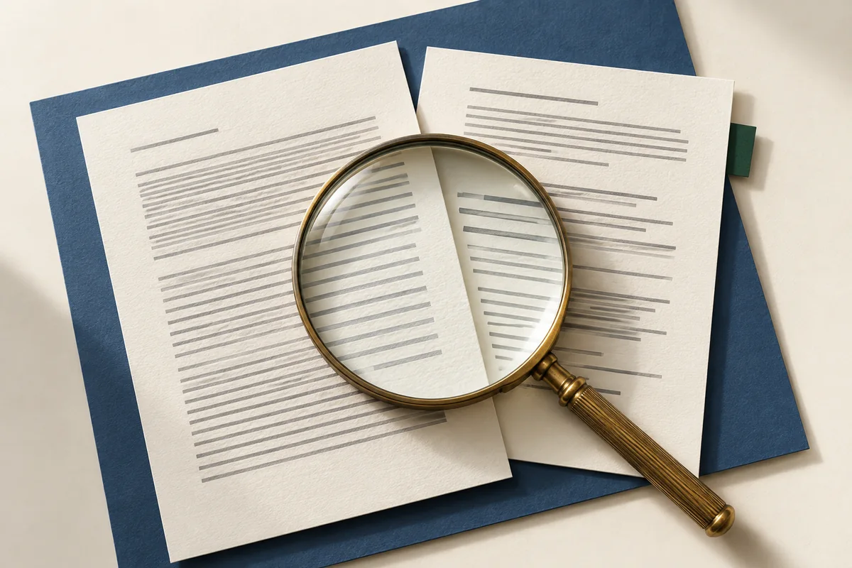 A brass magnifying glass resting over two typed manuscript pages on a navy background.