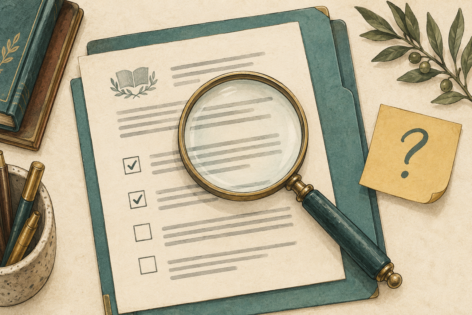 A checklist on a clipboard being reviewed with a magnifying glass, beside books and a sticky note question mark.