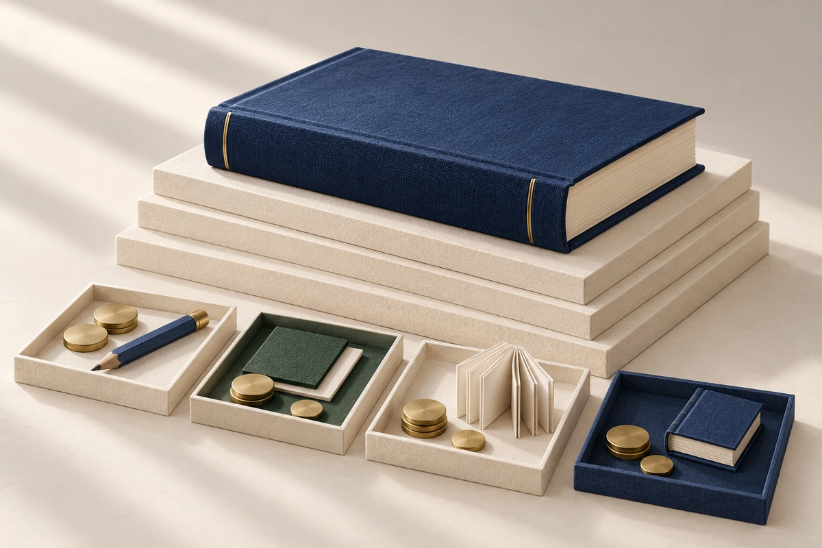 A navy book stacked on cream platforms above small trays holding coins, a pencil, and miniature books.
