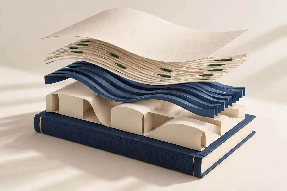 An exploded cross-section of a book showing structural blocks, flowing line-edit ribbons, and a smooth top layer.
