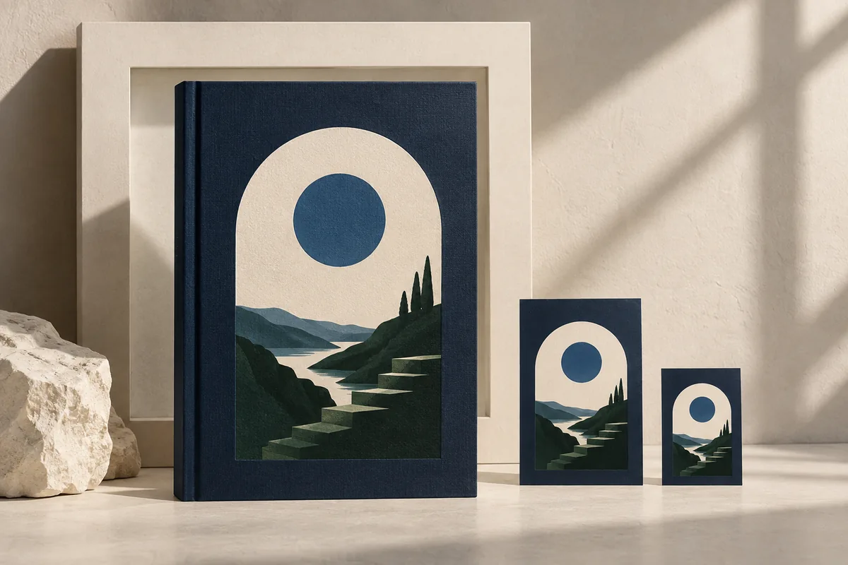 An illustrated landscape book cover shown at full size and shrinking down to two smaller thumbnail sizes.