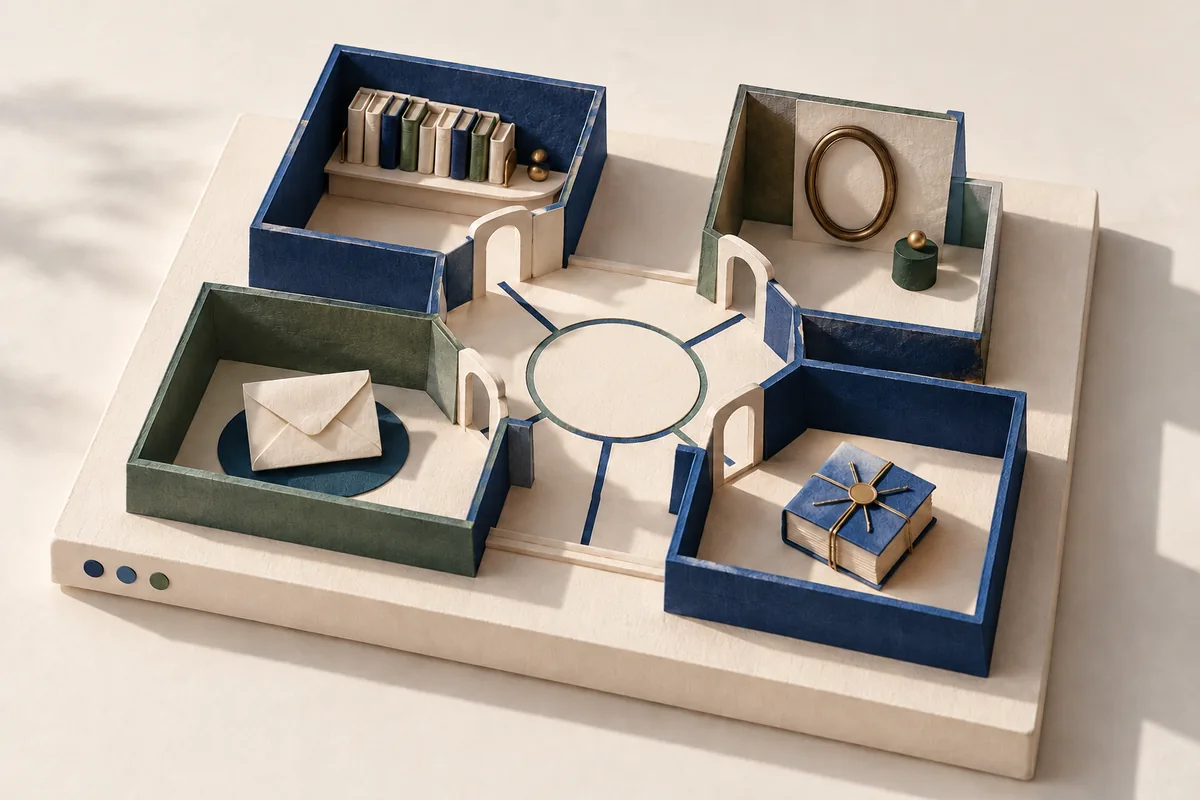 A floor plan of connected rooms holding a bookshelf, a portrait frame, an envelope, and a wrapped book, branching from a central hub.