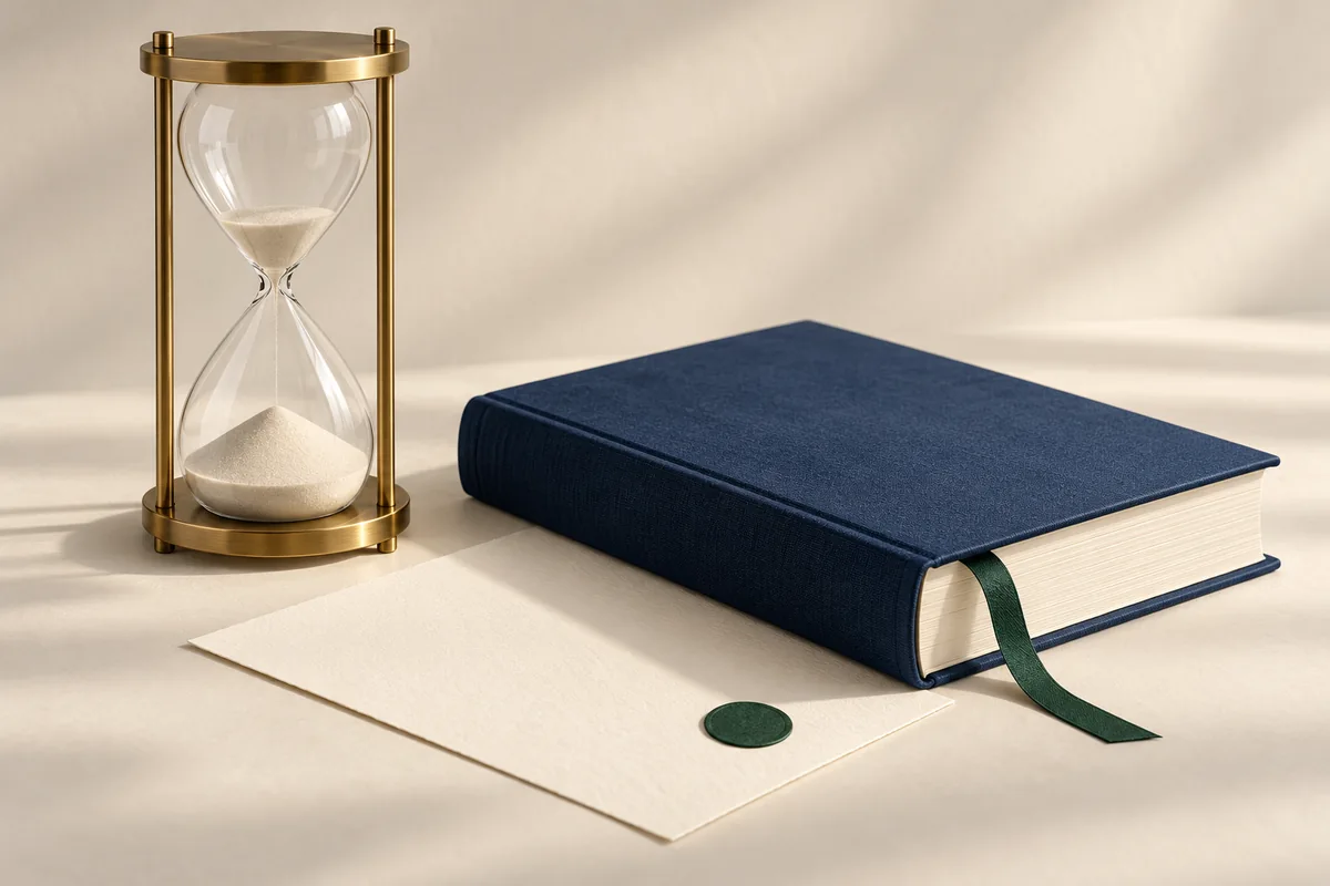 An hourglass with sand running low beside a closed navy book with a green bookmark ribbon.