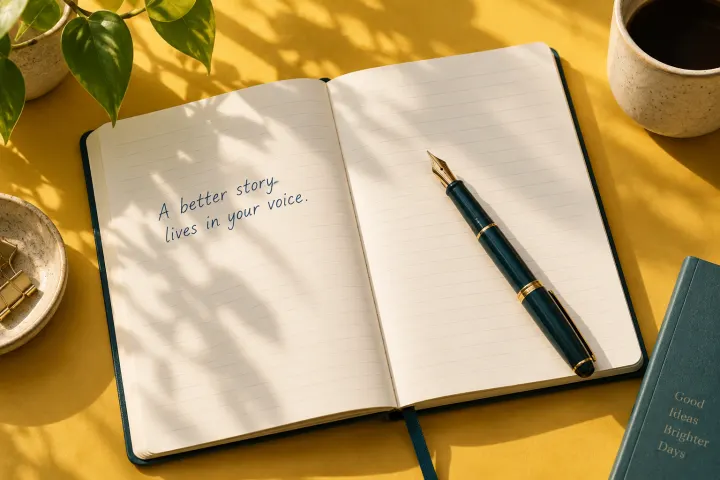 An open notebook on a yellow desk with the handwritten line &ldquo;A better story lives in your voice,&rdquo; and a teal fountain pen resting on the page.