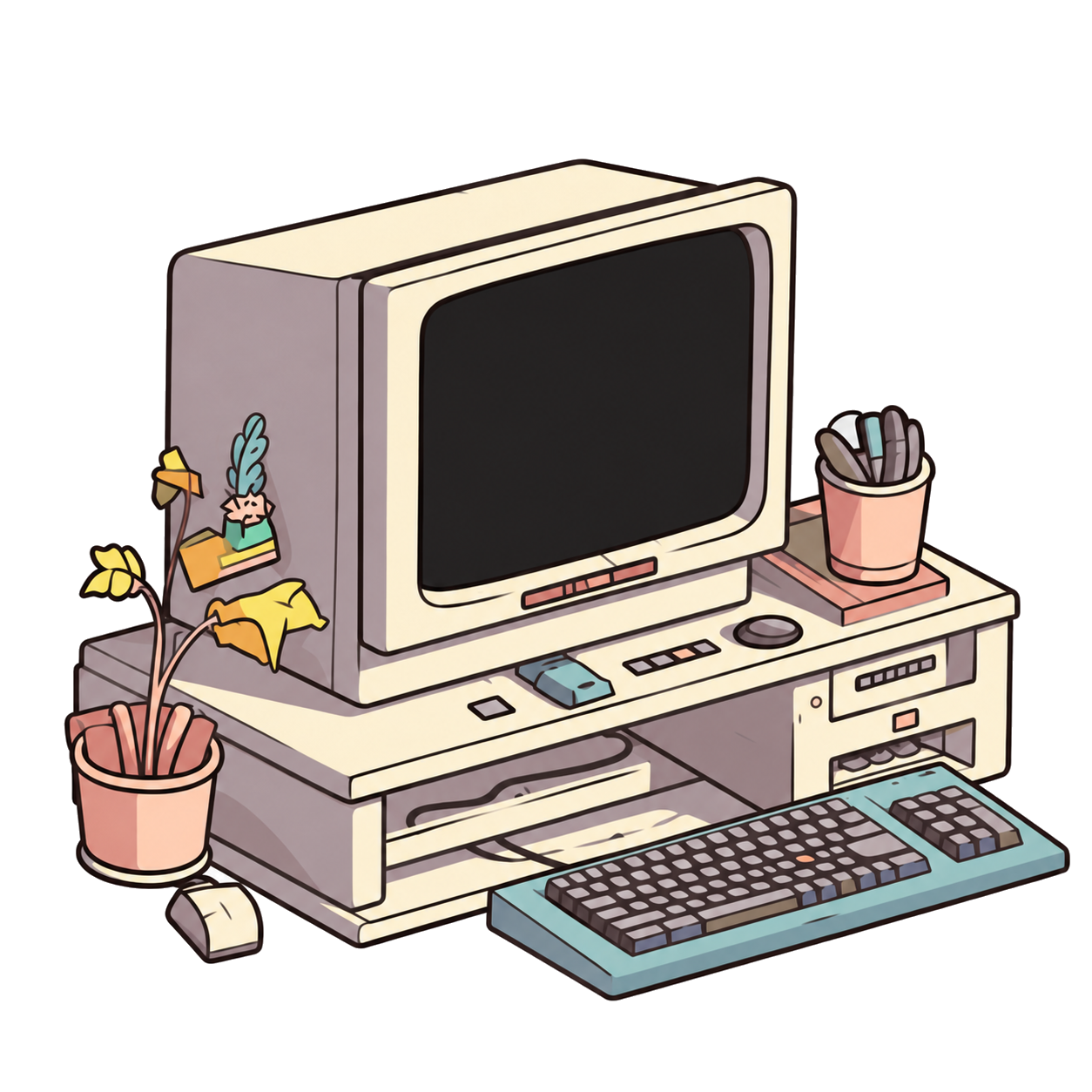 A retro desktop computer with a keyboard and desk plants