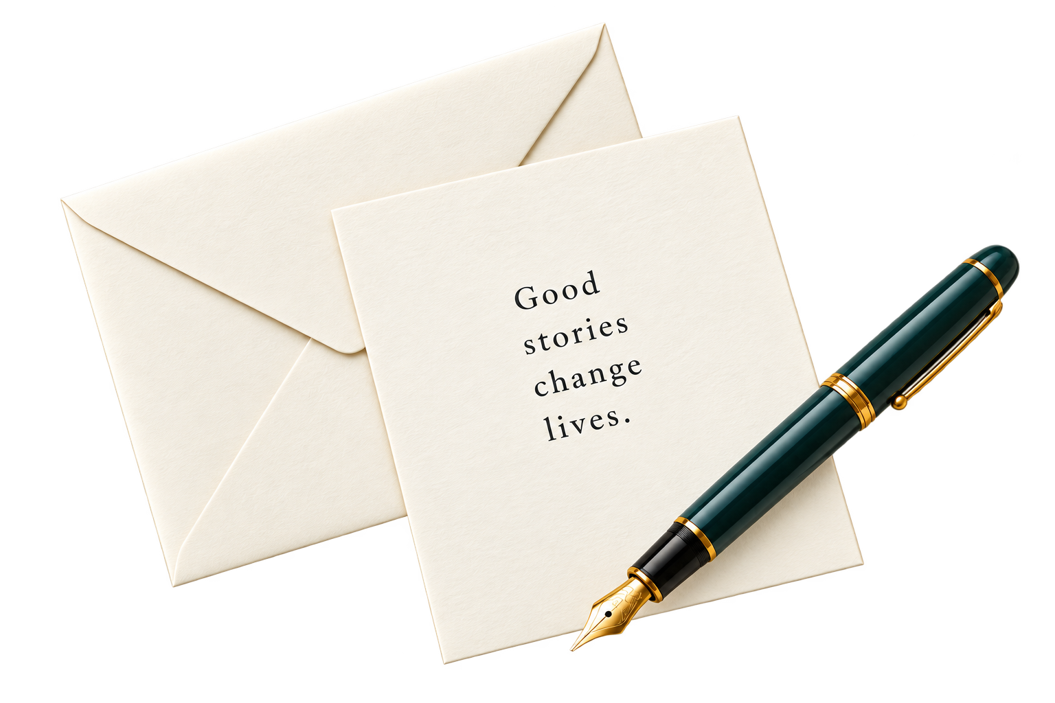 An ivory envelope and note beside a teal fountain pen.