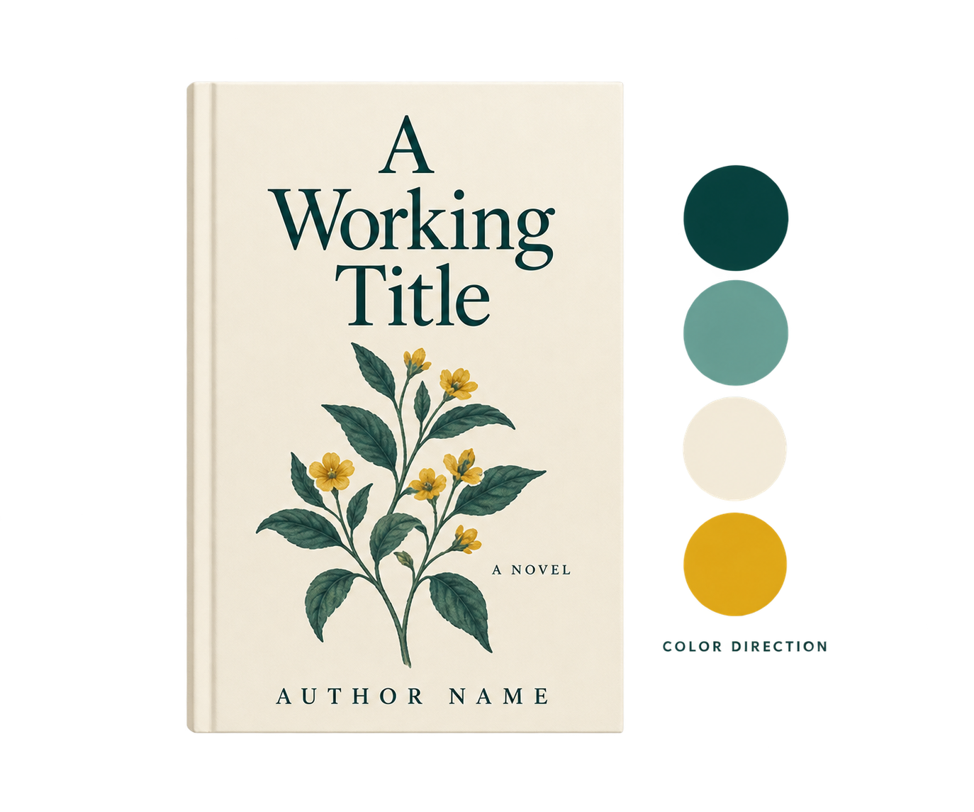Sample botanical front cover with teal, cream, and mustard color swatches.
