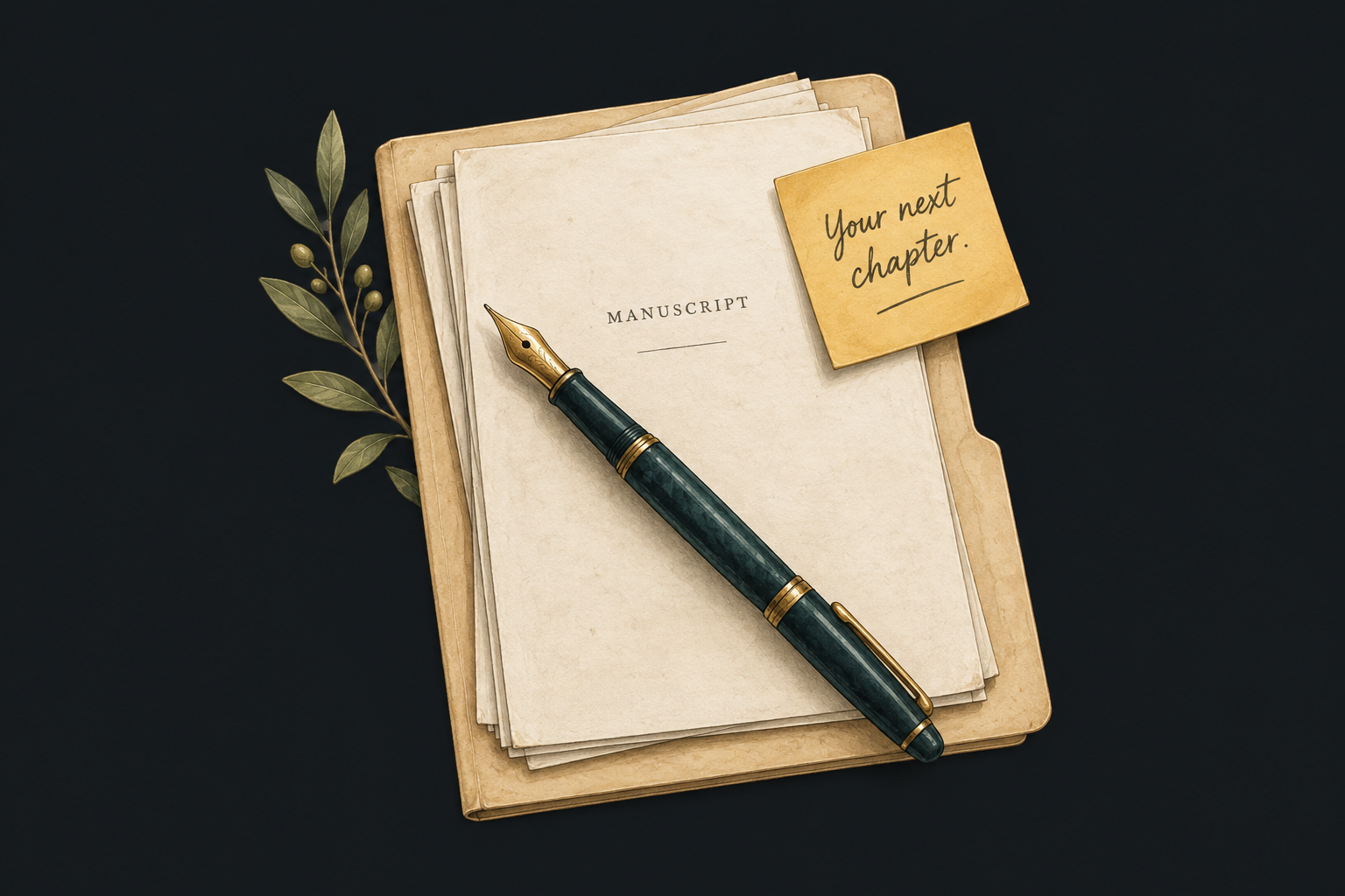 Illustration of a manuscript folder and fountain pen with a sticky note reading "Your next chapter."