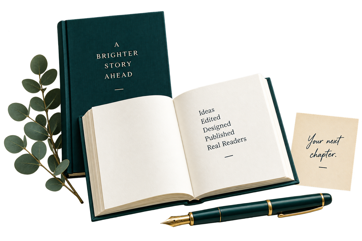 A teal hardcover, open book, and fountain pen beside a note reading Your next chapter.