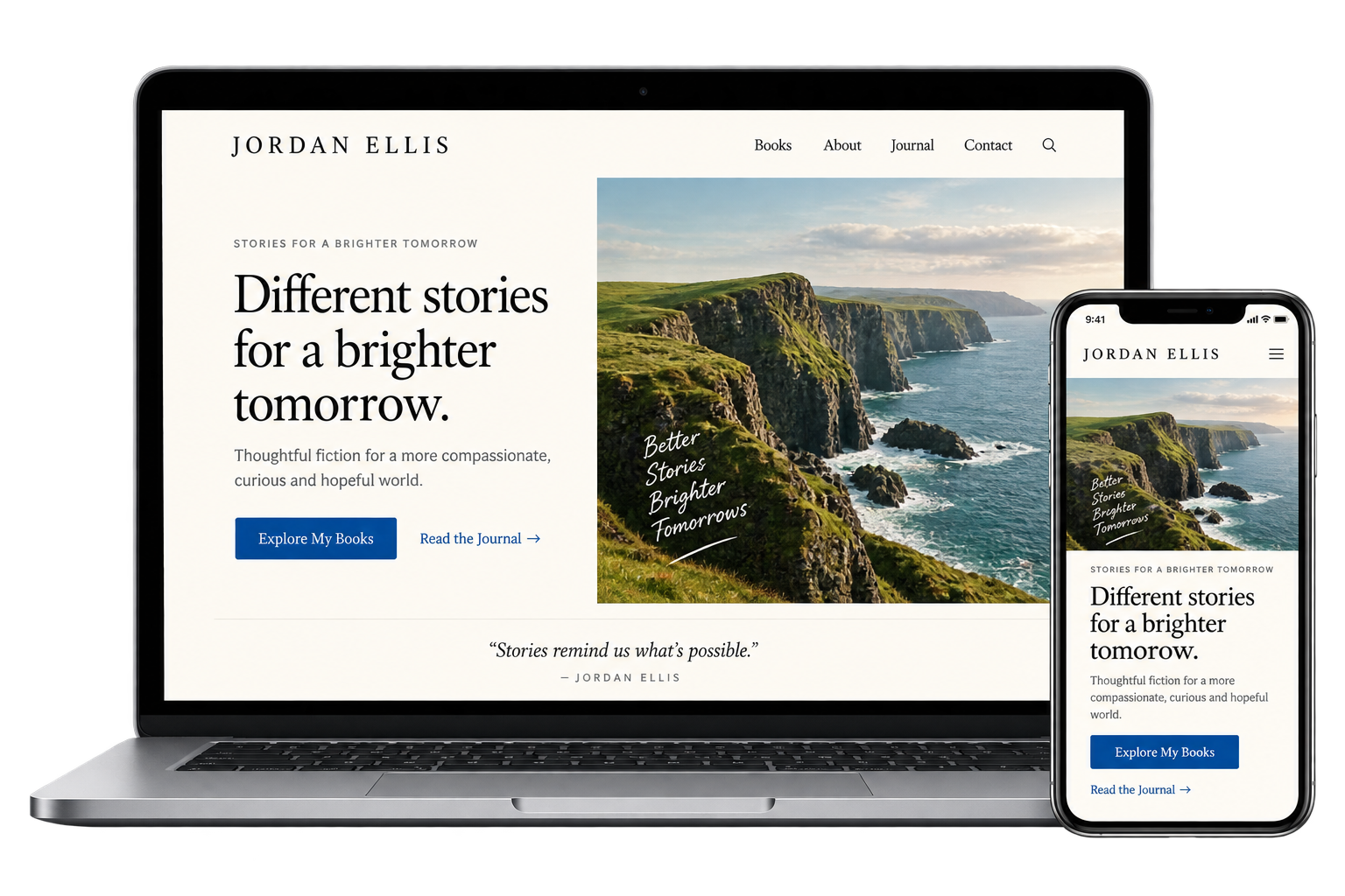 Laptop and smartphone displaying a coastal author website concept.