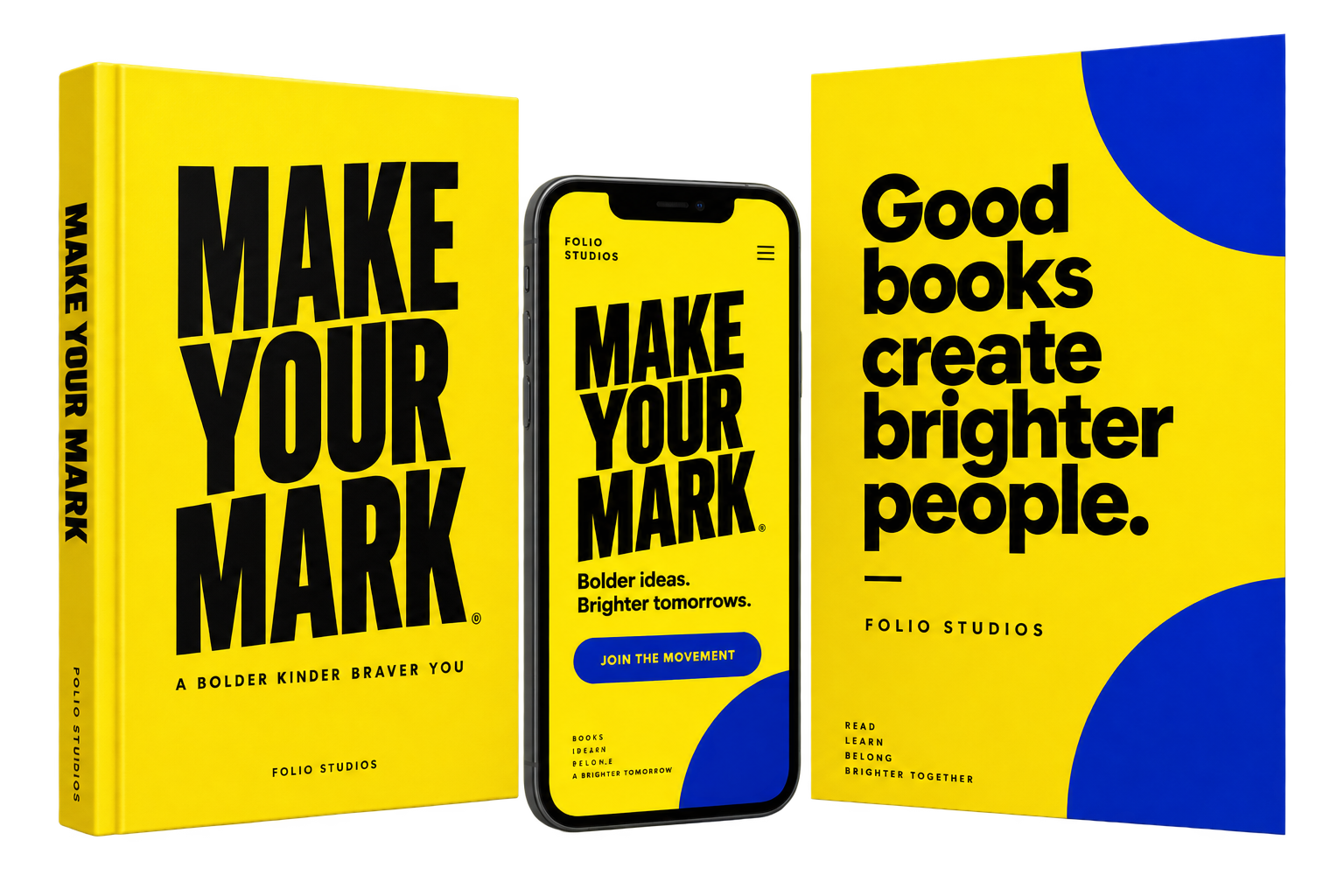 Make Your Mark concept campaign with a yellow book, mobile creative, and poster.