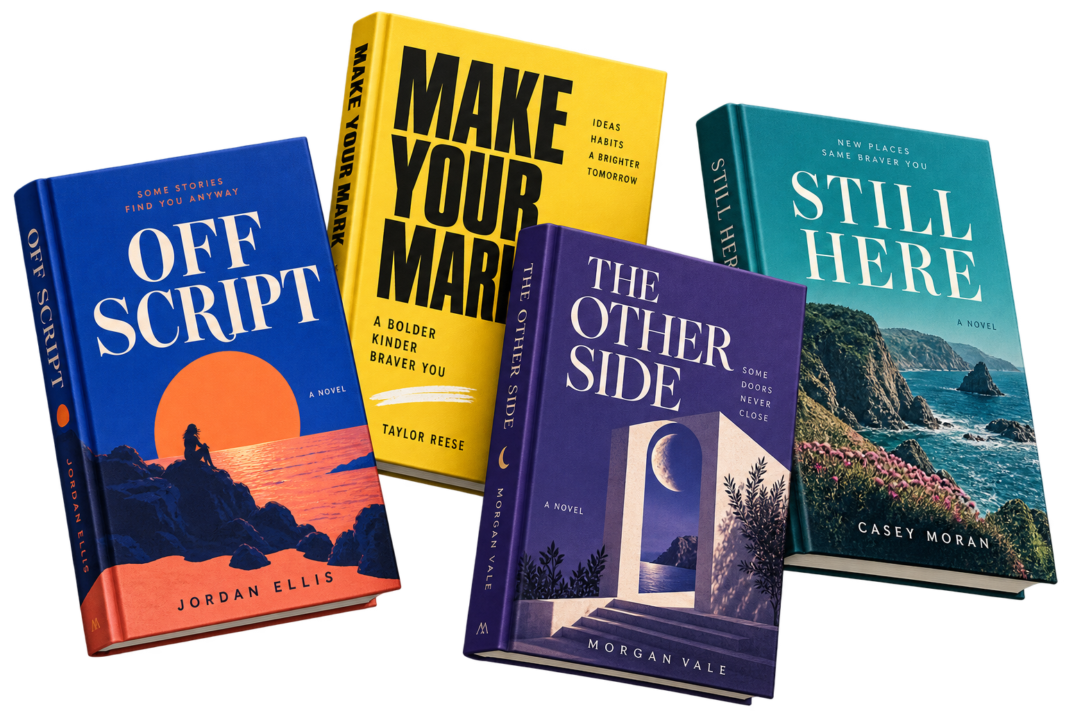 Four concept book covers arranged in a colorful portfolio collage.