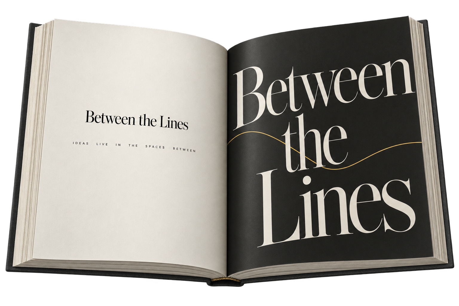 Open concept book with contrasting ivory and charcoal typographic pages.