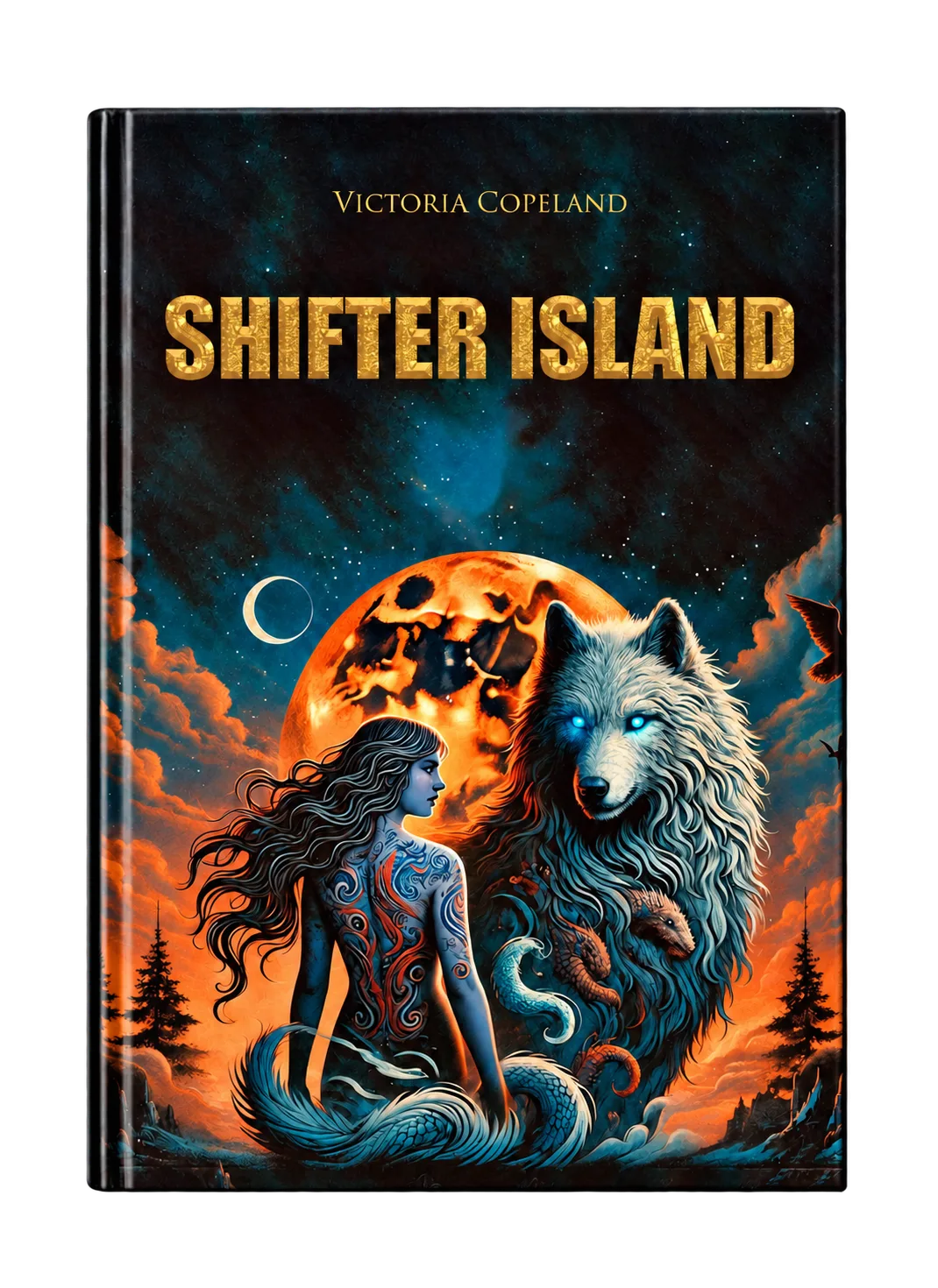 Shifter Island book cover by Victoria Copeland, showing a tattooed woman beside a white wolf under a blood moon.