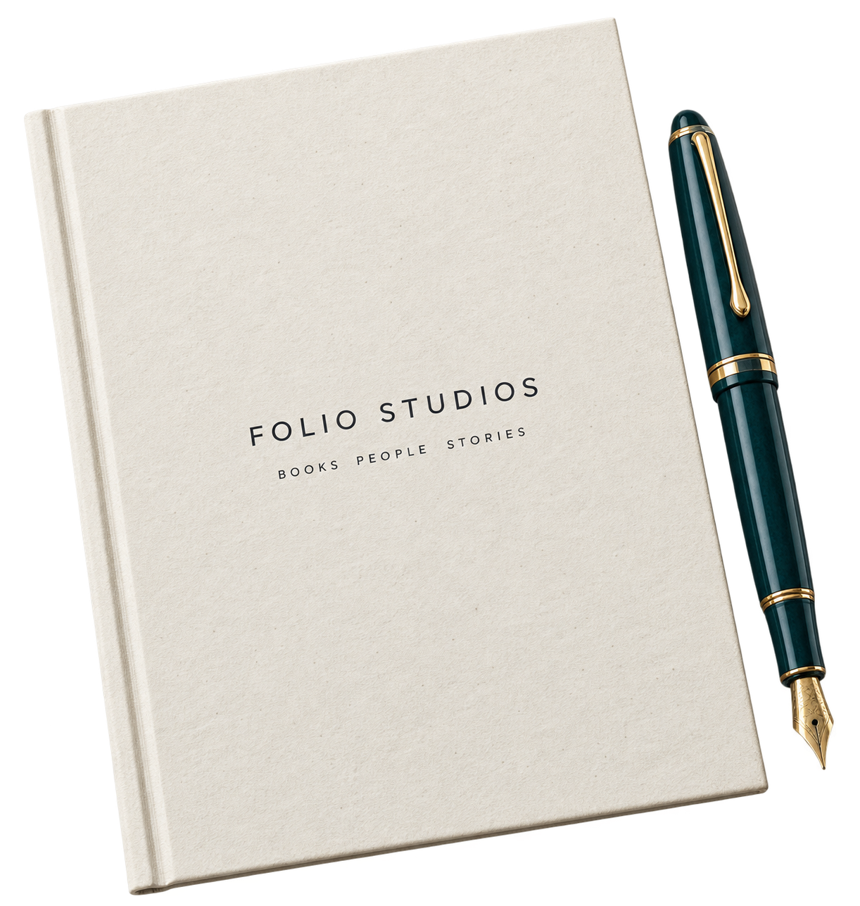 An ivory Folio Studios notebook beside a teal fountain pen.